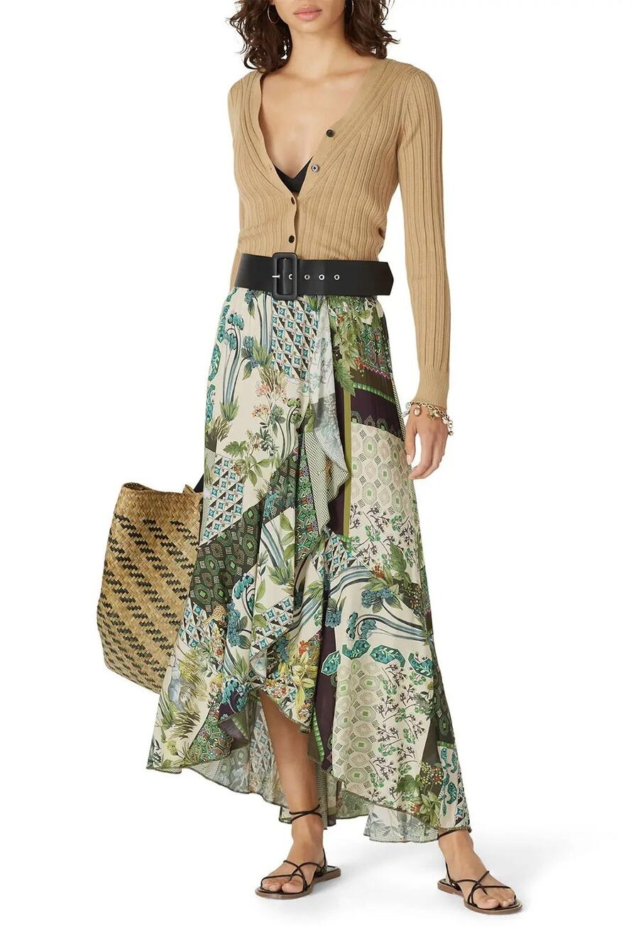 Aldomartins Women's 8 Green Botanical Ruffle Wrap Maxi Skirt Boho Resort S3-13
